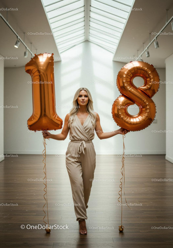 Elegancka kobieta trzymająca duże balony z numerem 18 w pomieszczeniu
