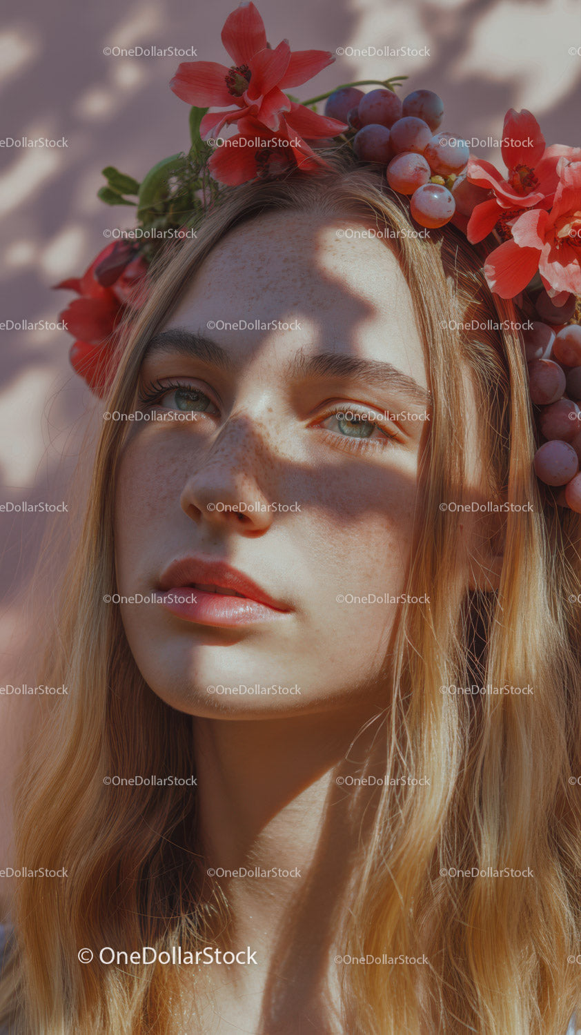 Young Woman with Red Floral Crown and Purple Grapes Outdoor Portrait