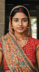 Indian Woman in Traditional Floral Dress and Colorful Scarf Portrait