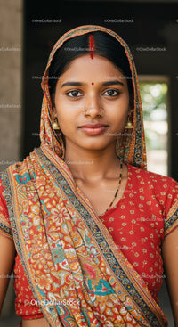 Indian Woman in Traditional Floral Dress and Colorful Scarf Portrait