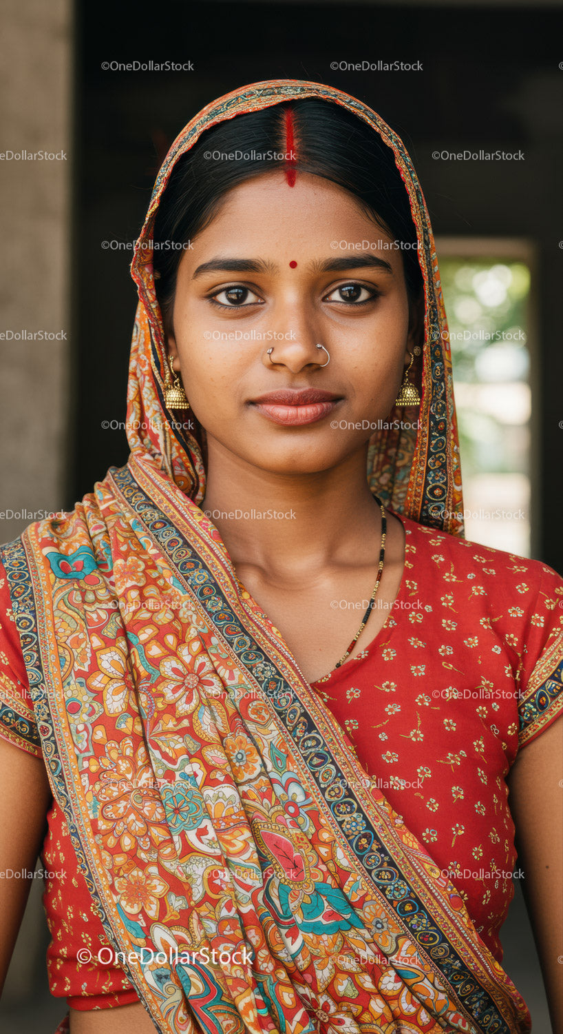 Indian Woman in Traditional Floral Dress and Colorful Scarf Portrait