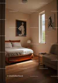 Bright Modern Bedroom with Cozy Ambiance and Artistic Decor