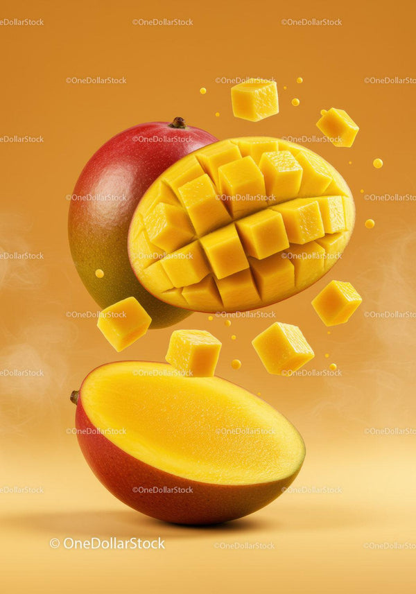 Fresh ripe mango with diced cubes floating above
