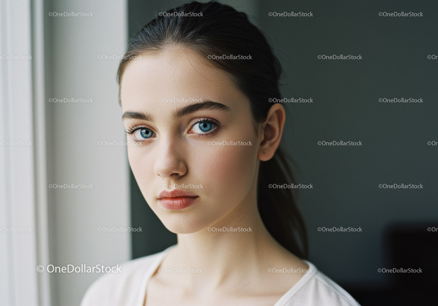 Portret młodej kobiety z niebieskimi oczami i naturalnym pięknem