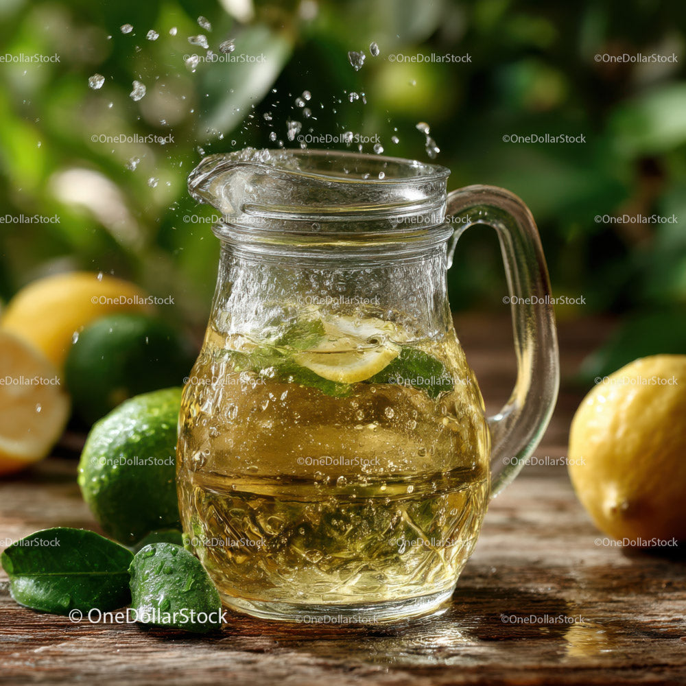 Fresh Lemonade with Sliced Lemons in a Glass Pitcher on Rustic Wooden Surface