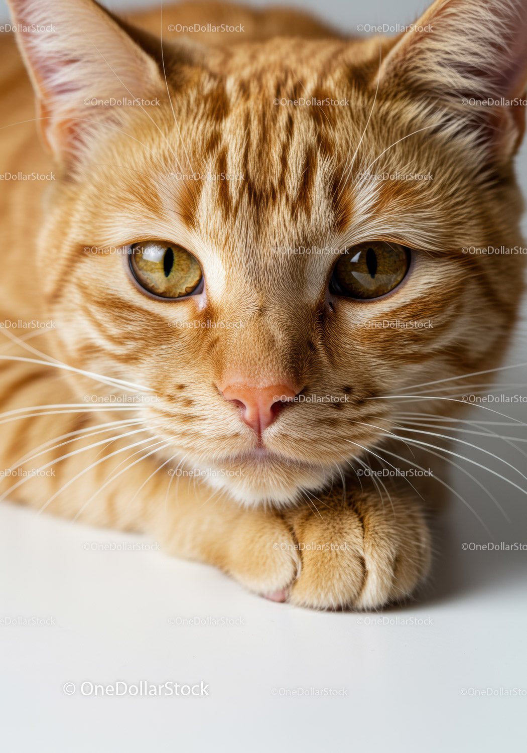 Close up of calm orange tabby cat resting paws