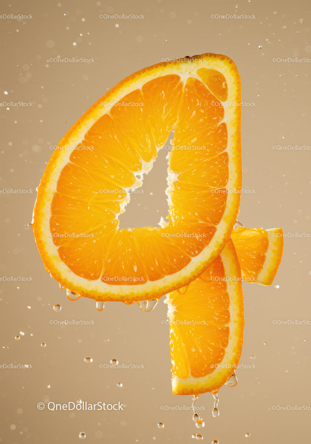 Fresh orange slices forming the number four with water droplets