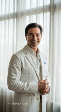 Friendly Male Doctor in White Coat Standing in Modern Medical Clinic