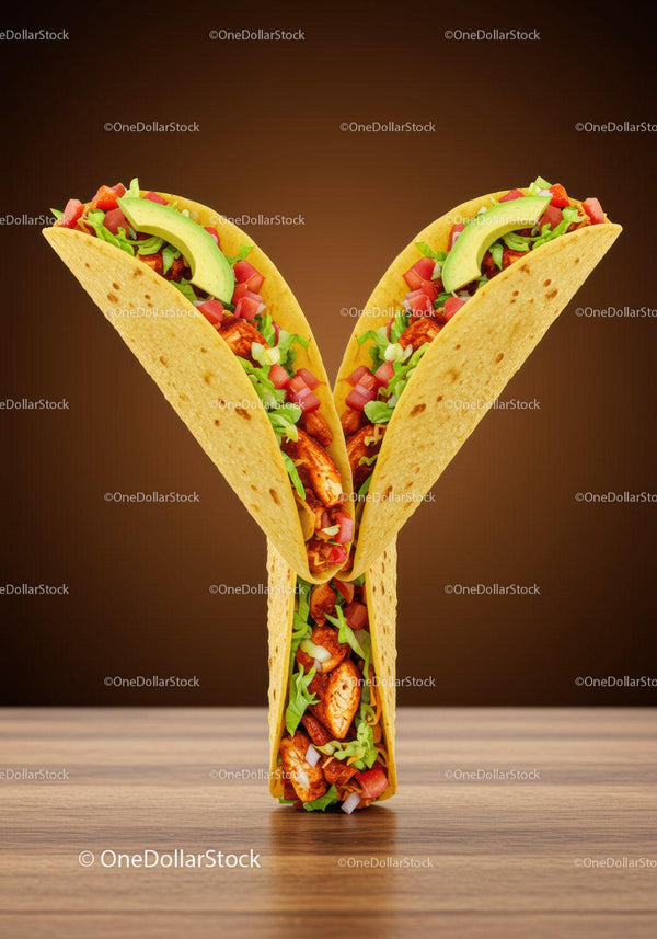 Creative taco arrangement shaped like letter Y on wooden table
