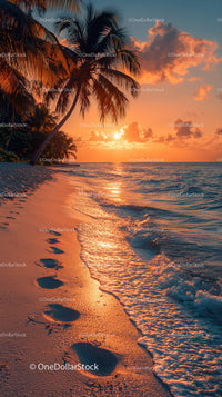 Scenic Tropical Beach Sunset with Palm Trees and Ocean Waves