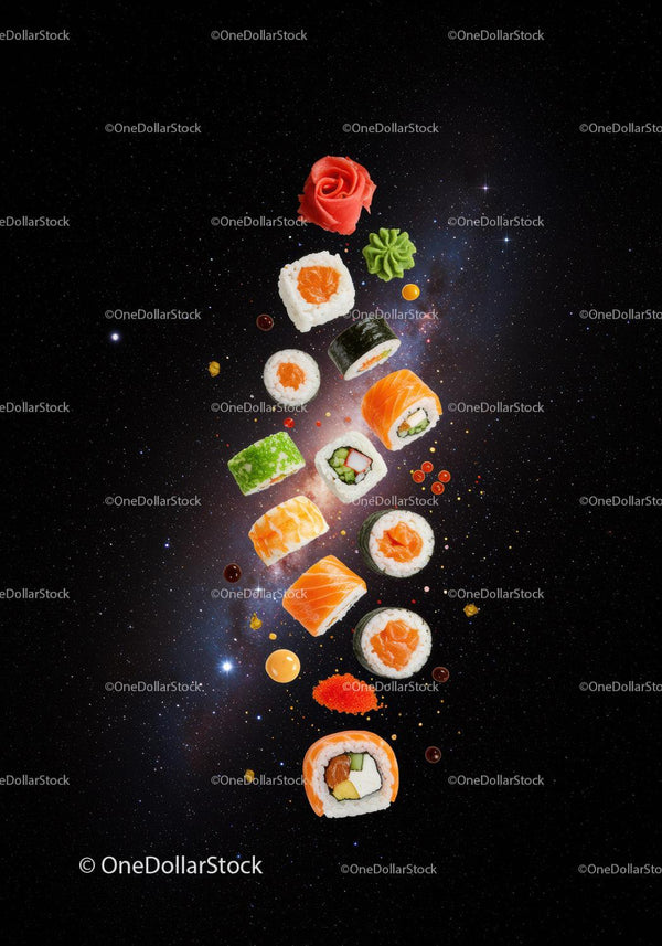 Variety of sushi rolls and condiments floating in space