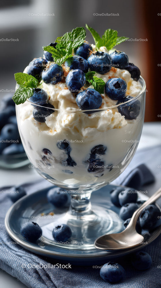 Berry Cheesecake in Glass Cup with Fresh Mint and Blueberries