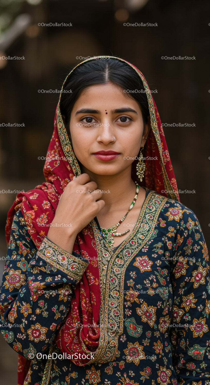 Elegant Woman in Traditional Indian Embroidered Dress with Jewelry