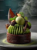 Green Matcha Cake with Chocolate Base and Artistic Garnish
