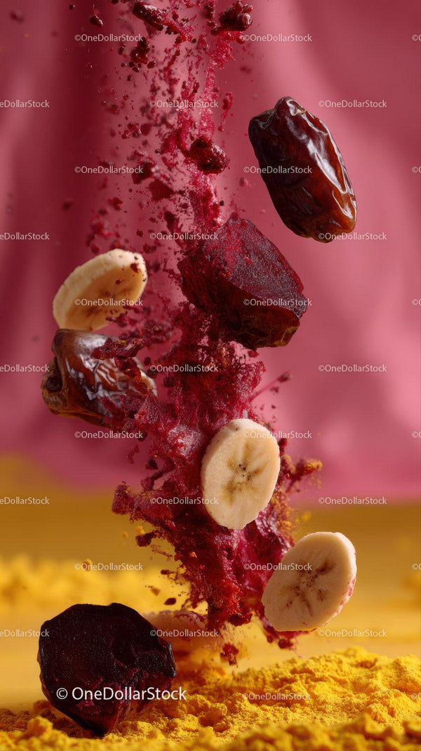 Colorful Fruit and Berry Powder Explosion with Dried Dates and Banana Slices