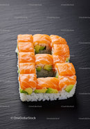 Salmon and avocado sushi shaped as the number eight