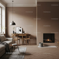 Warm Contemporary Living Room with Fireplace and Wooden Decor