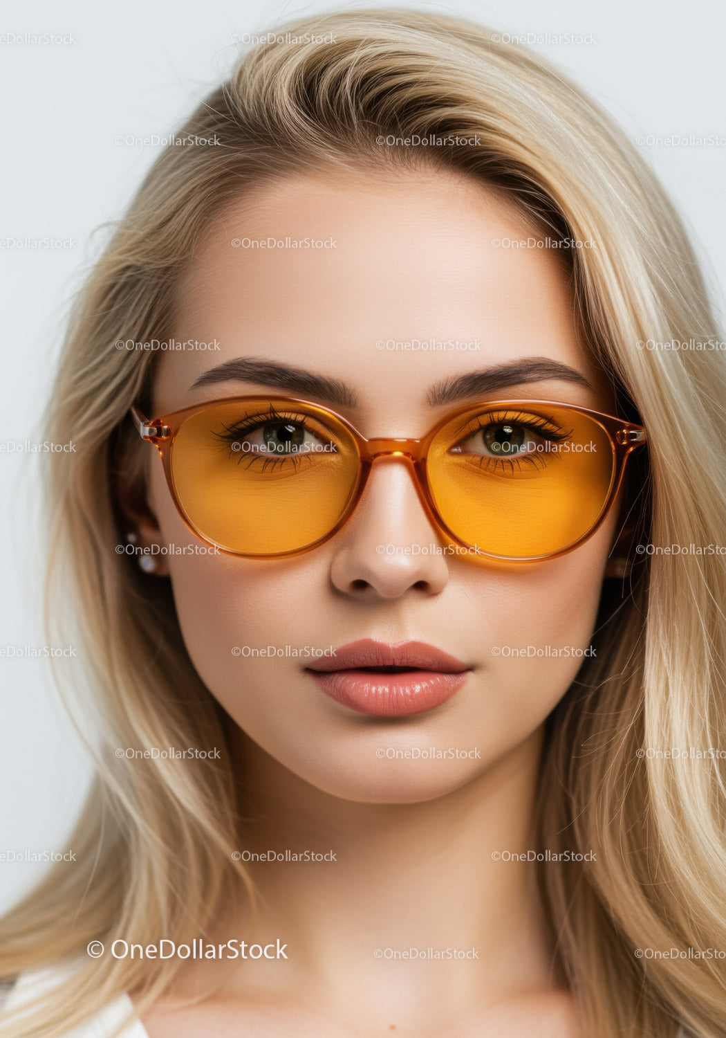 Fashionable Blonde Woman Wearing Vibrant Yellow Sunglasses