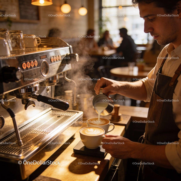 Barista Pouring Milk Foam on Freshly Brewed Cappuccino