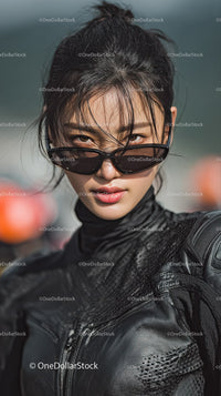 Confident Woman in Leather Jacket and Sunglasses