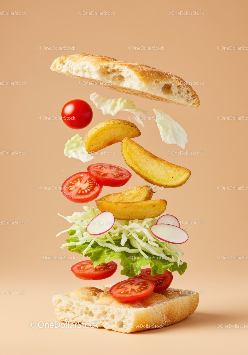 Deconstructed sandwich with fresh vegetables and potato wedges