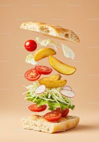 Deconstructed sandwich with fresh vegetables and potato wedges
