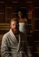 Relaxing Sauna Scene with Wooden Interior and Warm Lighting