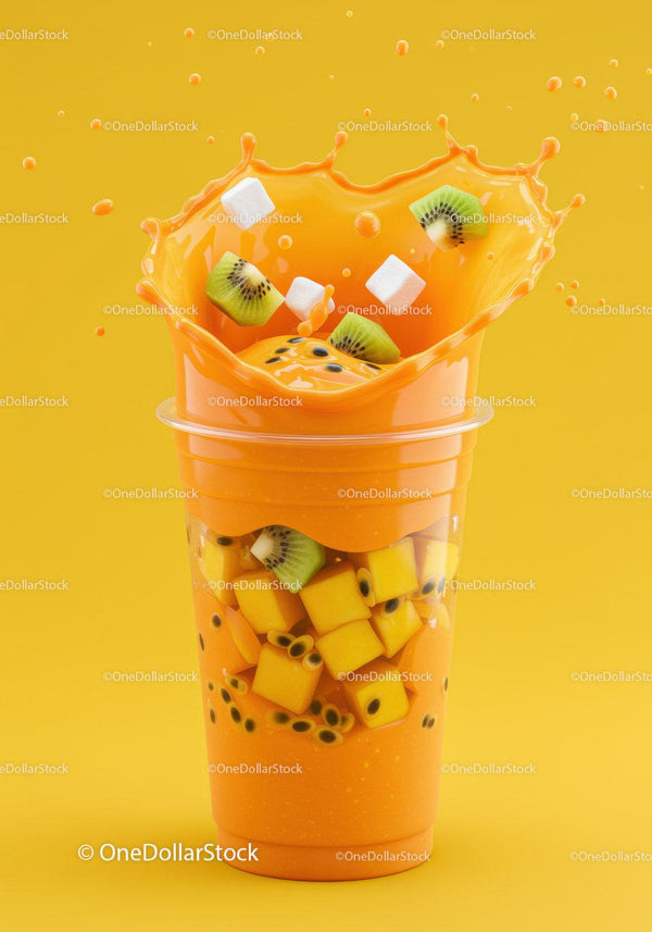 Refreshing tropical fruit smoothie splashing in plastic cup