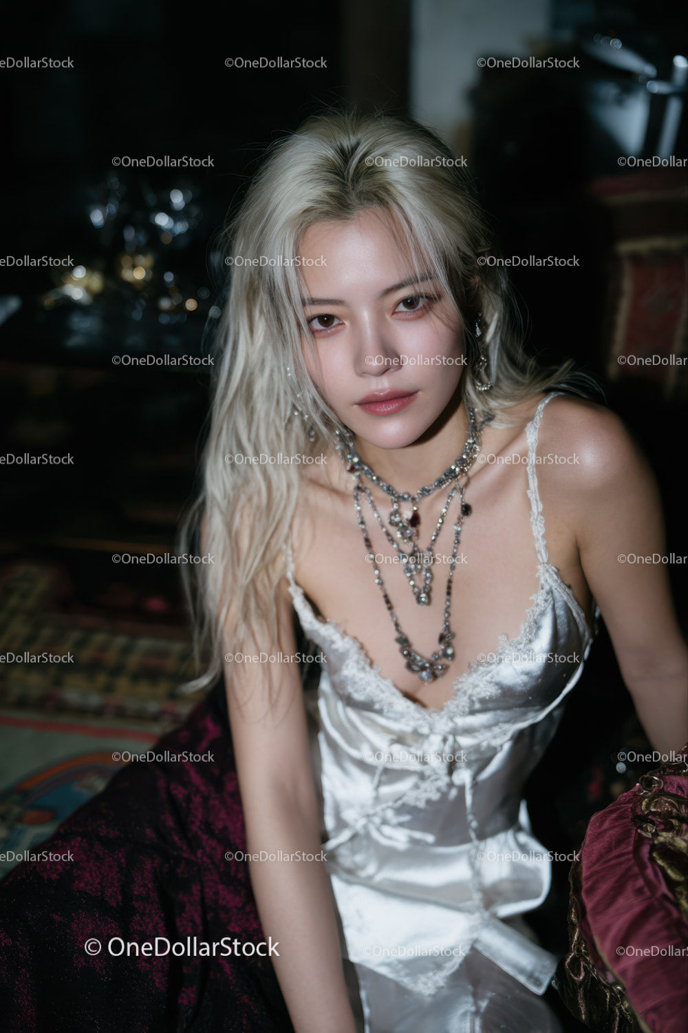 Elegant young woman in white satin dress with layered jewelry