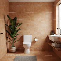 Modern Bathroom with Terracotta Tiles and Green Houseplant