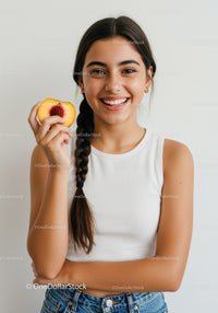 Smiling Young Woman Holding Peach in Casual Outfit