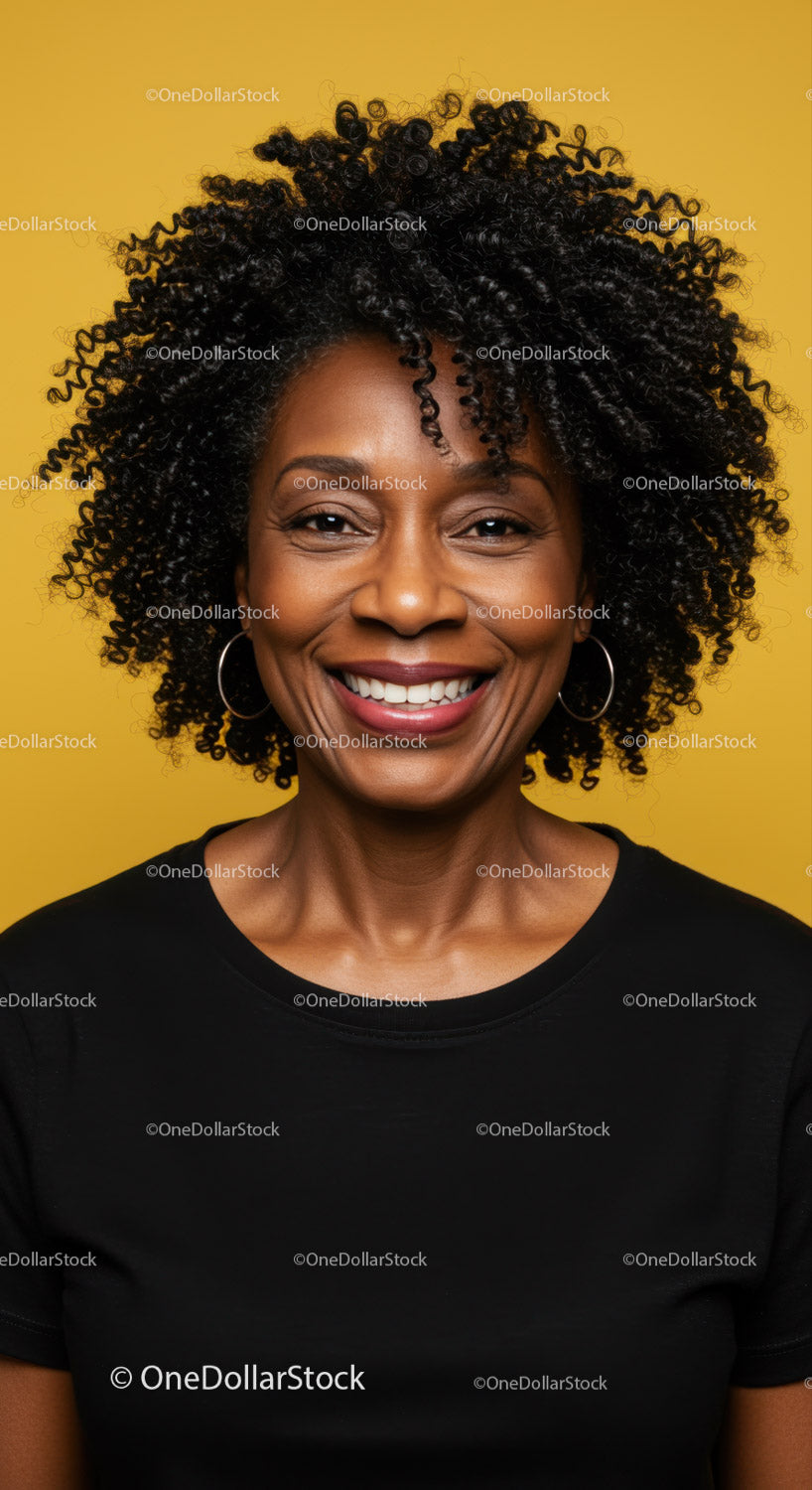 Vibrant Portrait of a Smiling Black Woman with Curly Hair Against Yellow Background