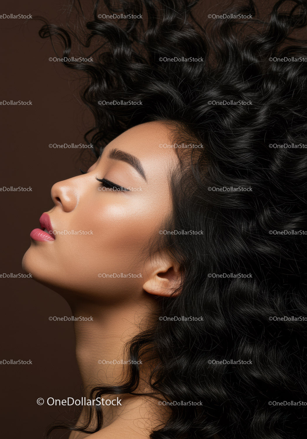 Profile of serene woman with curly black hair