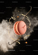 Pink macaron with vanilla sticks and powder splash