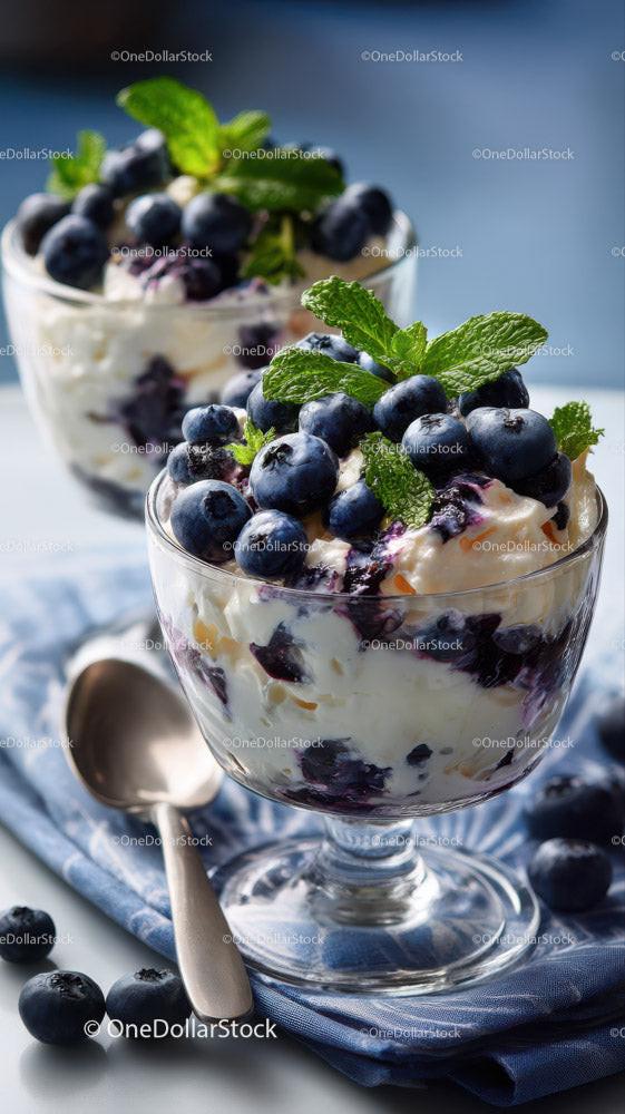 Berry Cheesecake in Glass Cup with Fresh Mint and Blueberries Stock Photo Bundle (20 JPG Files)