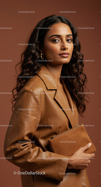 Elegant Young Woman with Curly Hair in Brown Leather Blazer and Clutch