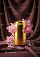 Golden beverage can with pink smoke and ice cubes on satin