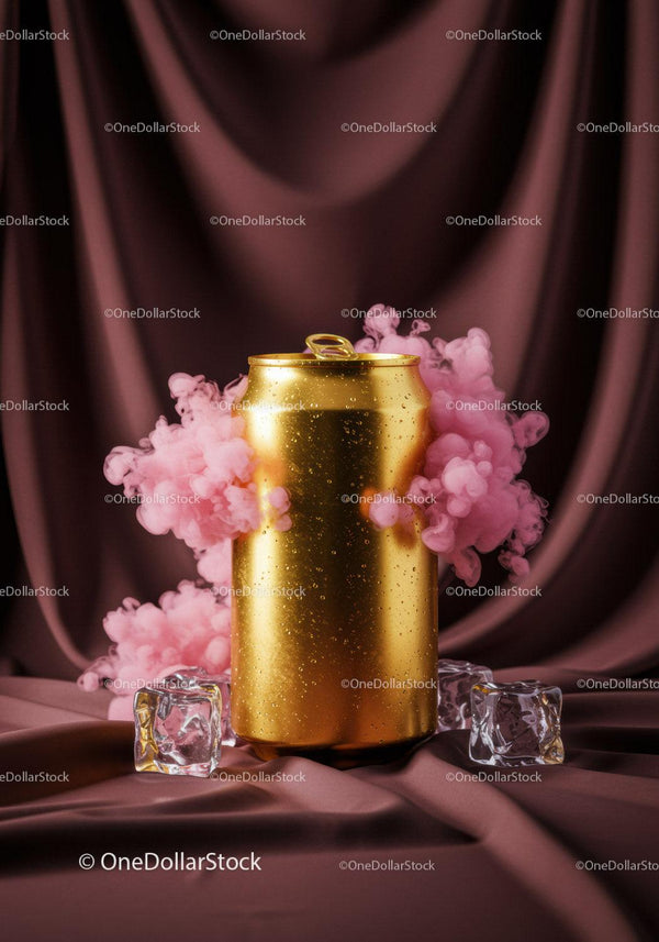 Golden beverage can with pink smoke and ice cubes on satin
