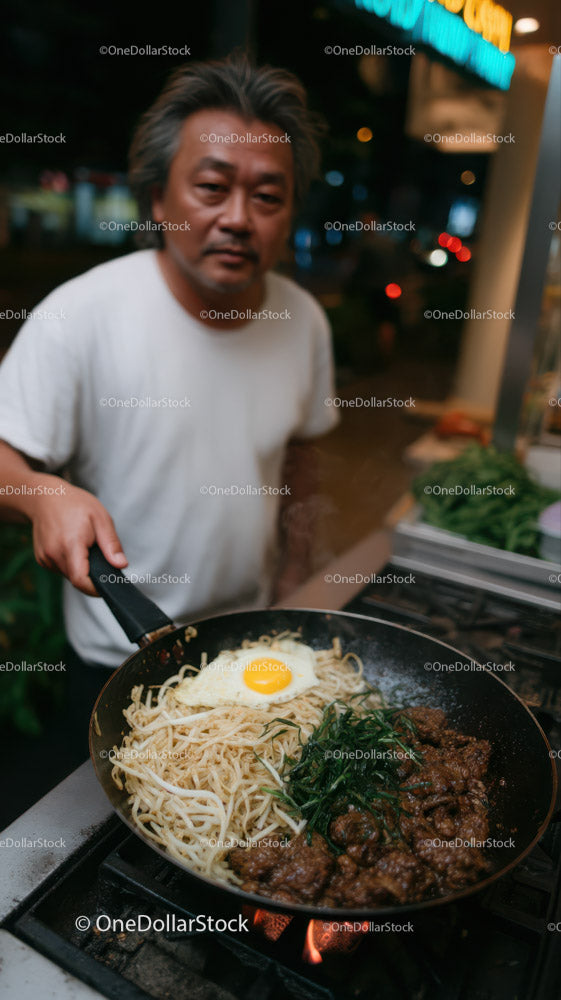 Stir-Fried Noodles with Vegetables in a Professional Street Food Setting