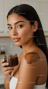 YoungWomanApplyingChocolateFaceMask on Shoulder in Home Spa