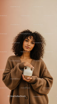 Young Woman with Curly Hair Holding Mug in Cozy Indoor Setting