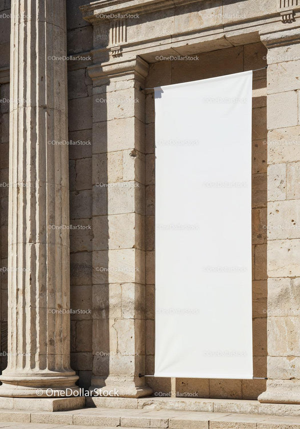 Blank Vertical Banner on Historic Stone Building Facade JPG Mockup Image