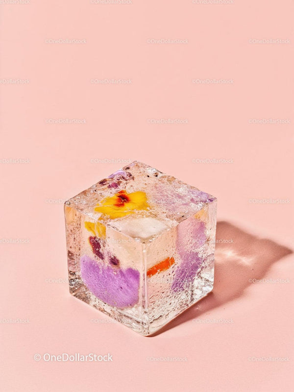 Colorful flower petals frozen in clear ice cube