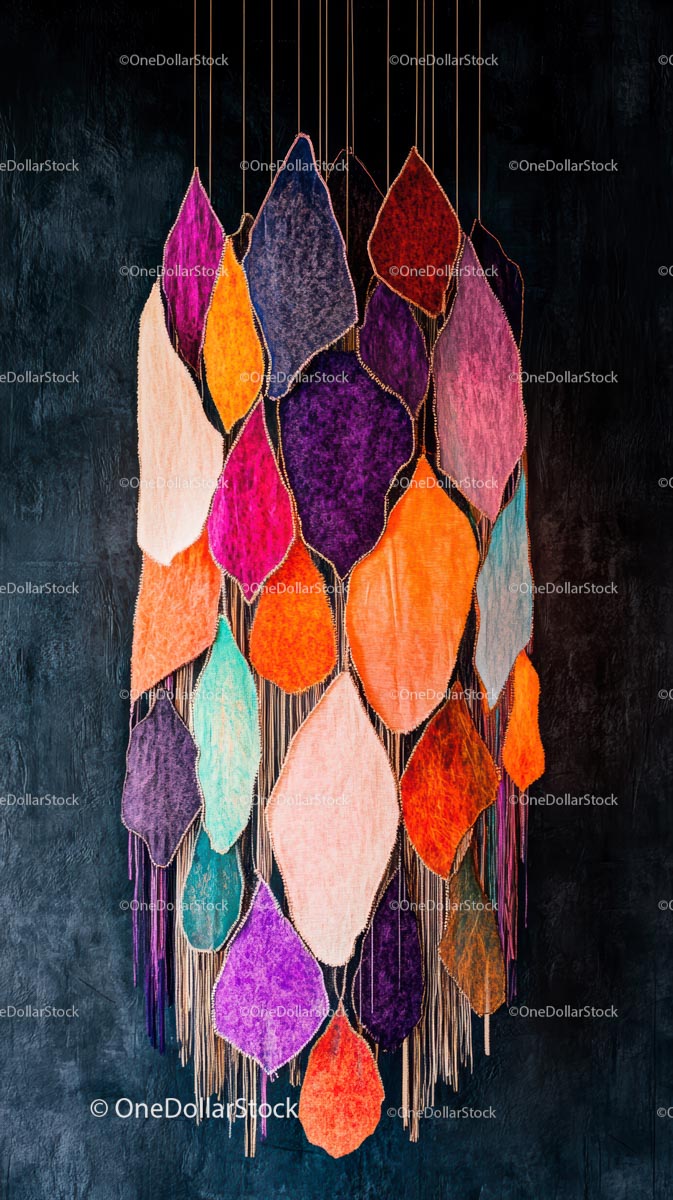 Colorful Fabric Wall Hanging with Vibrant Shapes and Fringe