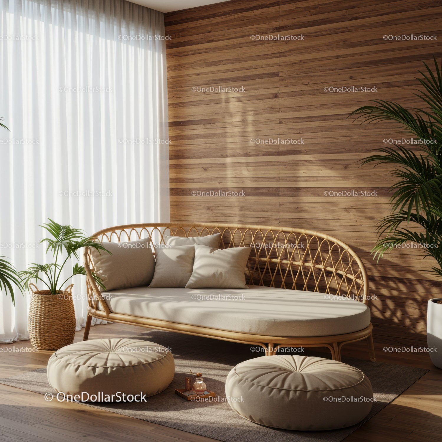 Przytulna sofa rattanowa i poduszki w minimalistycznym salonie