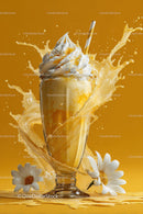 Vanilla Ice Cream in Splashing Milk with Straw and Flowers