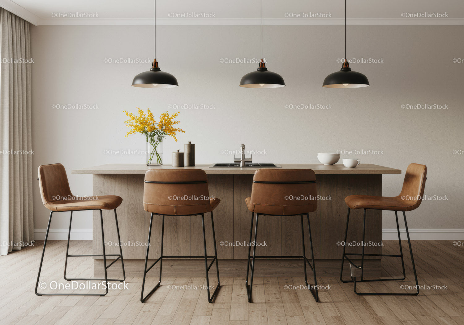 Modern Kitchen with Wooden Island and Leather Bar Stools
