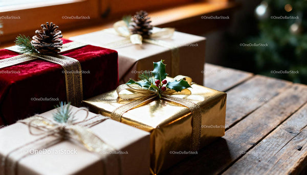 Festive Christmas Gifts Wrapped with Natural Decorations