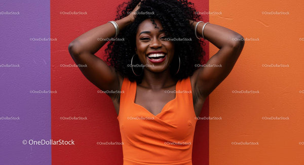 Vibrant Black Woman Smiling in Colorful Background Wearing Orange Dress