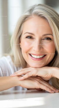 Joyful Blonde Woman with Bright Smile in Indoor Setting
